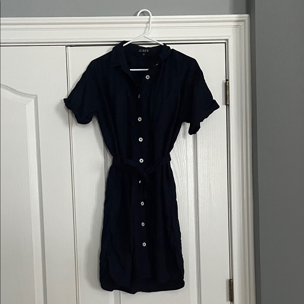 J. Crew Navy Button-Down Tie-Waist Mini Dress